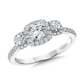 Round 3-Stone Halo Engagement Ring